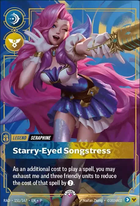 Seraphine, Songstress of the Seas Champion Legend art from Riftbound: Radiance — the headline Champion for the Radiance Showdown Deck.