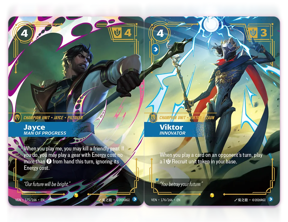 Jayce and Viktor Overnumbered Showcase cards from Riftbound: Vendetta, forming a connected scene when placed side by side.